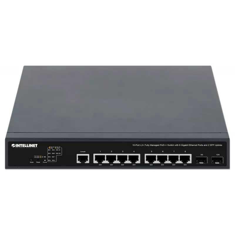 Intellinet 10-pordiline L2+ täielikult hallatav PoE++ lüliti 8 Gigabit Ethernet pordi ja 2 SFP ühendusega