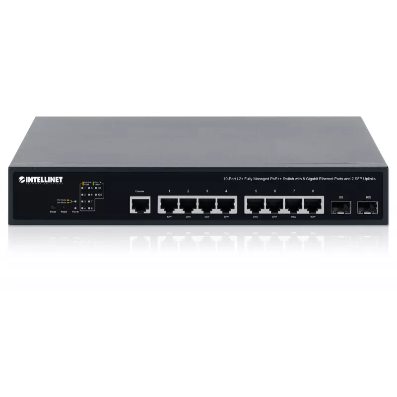 Intellinet 10-pordiline L2+ täielikult hallatav PoE++ lüliti 8 Gigabit Ethernet pordi ja 2 SFP ühendusega