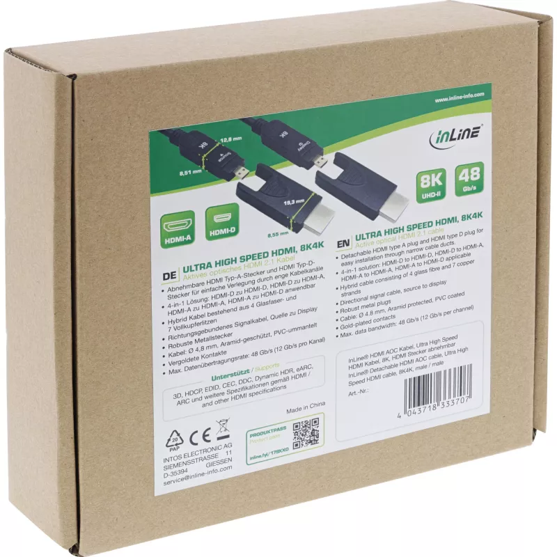 InLine HDMI AOC kaabel, ülikiire HDMI, 8K4K, eemaldatav pistik, 10 m