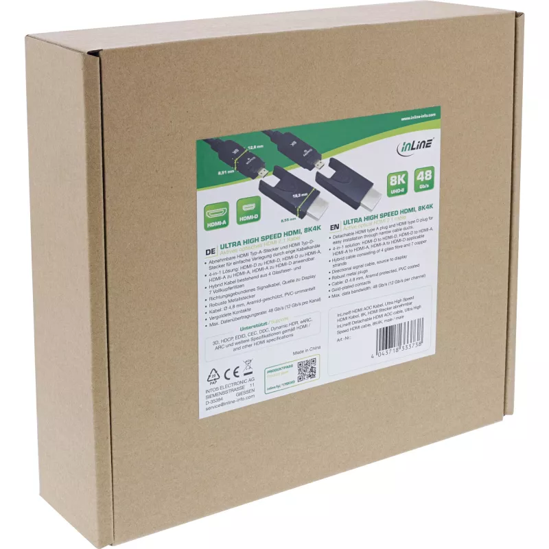 InLine HDMI AOC kaabel, ultrakõrge kiirusega HDMI, 8K4K, eemaldatav pistik, 25m