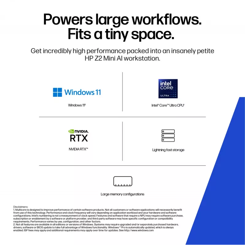 HP Z2 G1i Intel Core Ultra 7 265 32 GB DDR5-SDRAM NVIDIA RTX A1000 Windows 11 Pro Mini PC Tööjaam AI Tööjaam, AI PC