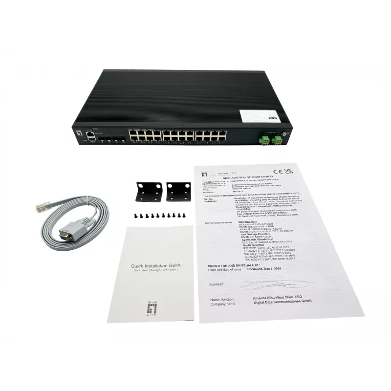 LevelOne 28-port L2 Plus hallatav PoE tööstuslik lüliti, 4 x 1/2.5/10GbE SFP+, 24 PoE väljundit, 370W, 802.3AF/AT/BT PoE, 19-tolline riiulipaigaldus, -40°C kuni 80°C