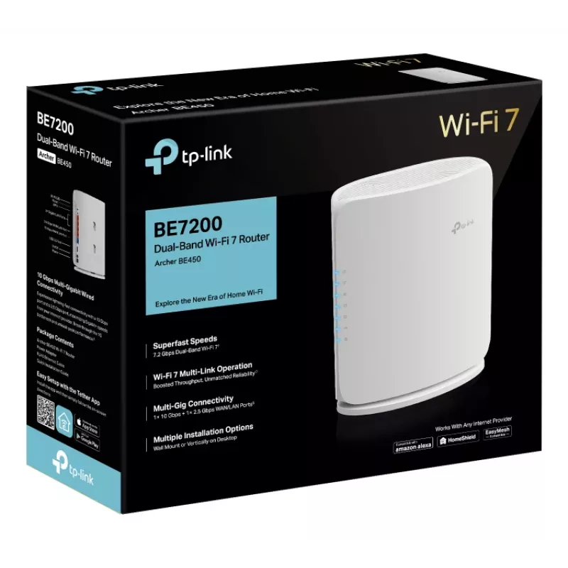 Juhtmevaba ruuter TP-Link Archer BE450 — Kaheribaline (2,4/5 GHz), Wi-Fi 7, mitme-gigabitine Ethernet, 5x LAN, USB, valge