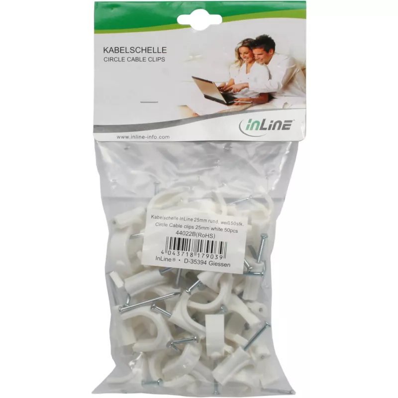 Kaabliklamber InLine 8 mm, ümmargune, plastik, valge — pakendis 50 tk