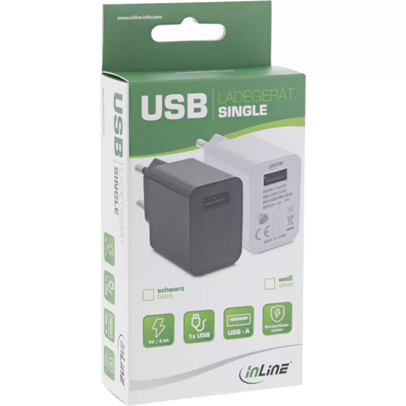 InLine USB toiteadapter, üheportne, 100–240 V kuni 5 V/2,5 A, must