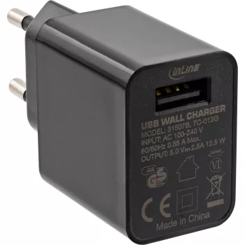 InLine USB toiteadapter, üheportne, 100–240 V kuni 5 V/2,5 A, must