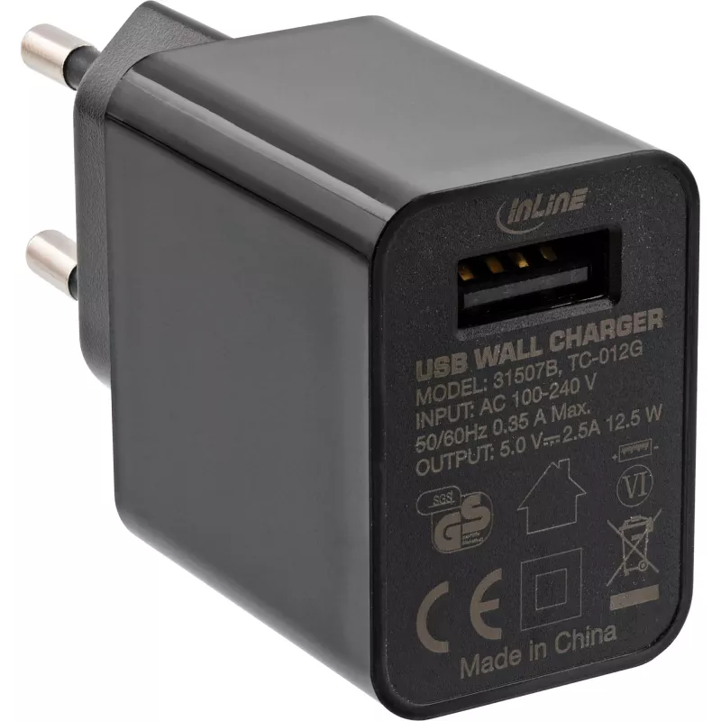 InLine USB toiteadapter, üheportne, 100–240 V kuni 5 V/2,5 A, must