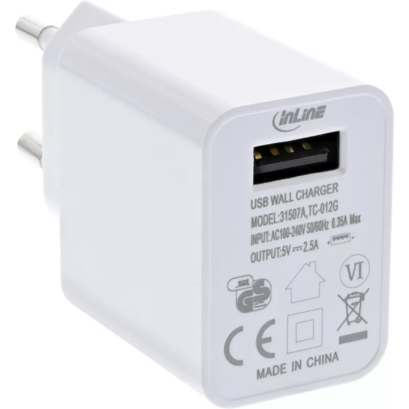 InLine USB toiteadapter, üksik, 100-240 V kuni 5 V/2,5 A, valge