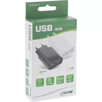 InLine USB toiteadapter DUO, 2 pordiga 100-240VAC kuni 5V / 2.1A valge