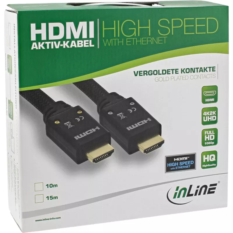 InLine HDMI aktiivkaabel, HDMI-High Speed koos Ethernetiga, M/M, nailonpunutis, 15m