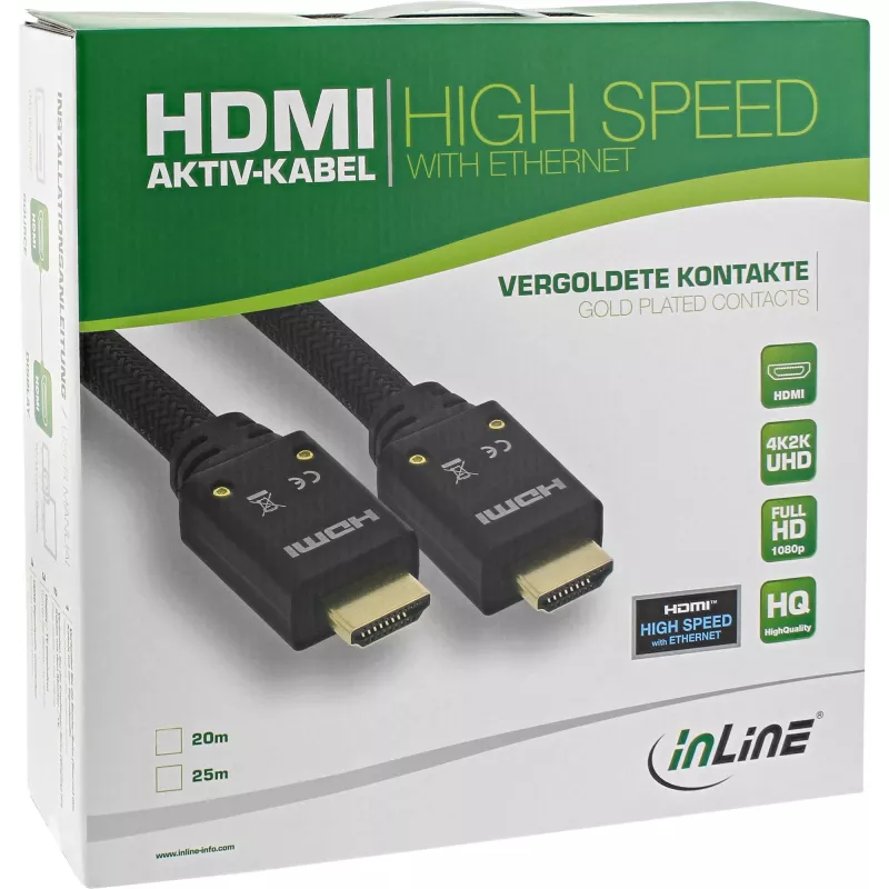 InLine HDMI aktiivne kaabel, HDMI-High Speed koos Ethernetiga, M/M, nailonpalmik, 25m