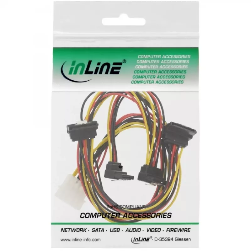InLine sisemine toite Y-kaabel 1x Molex / 4x SATA nurga all riividega 0,40+0,55 m