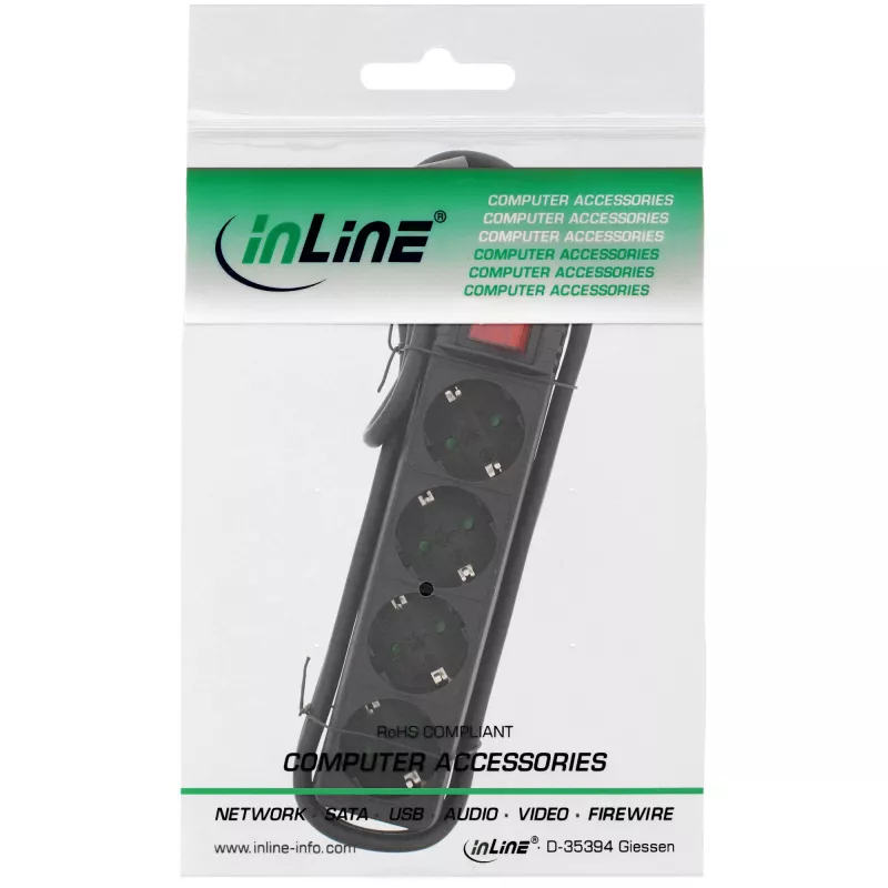 InLine pistikupesa riba, 4-kohaline maanduskontakt CEE 7/3, lülitiga, must, 5 m