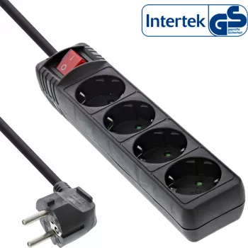 InLine pistikupesade liist, 4-suunaline maanduskontaktiga CEE 7/3, lülitiga, must, 3m