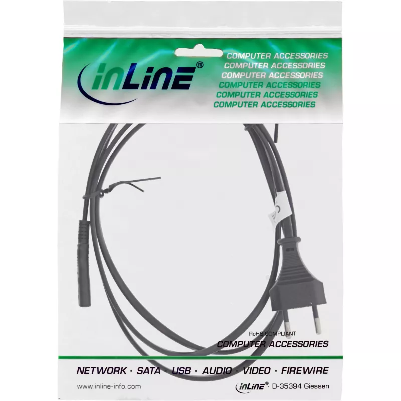 InLine Šveitsi CEE7/16 pistik Euro8 C7 toitekaablile, must, 1,8 m