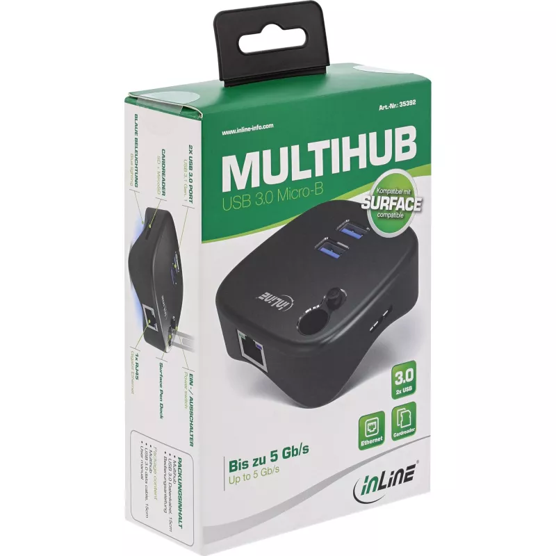 InLine USB 3.0 Multiadapter, 2xUSB-A, RJ45, SD/MicroSD-kaardilugeja, must