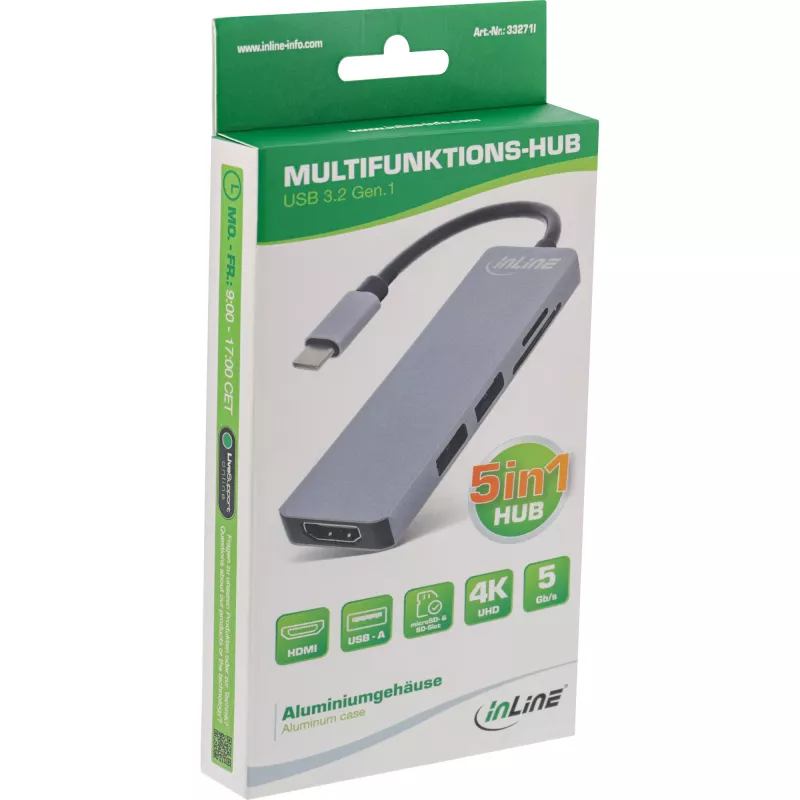 InLine mitme porti jaotur USB 3.2 Gen.1, 2x USB-A, HDMI 4K/30 Hz, kaardilugeja, alumiinium, hall
