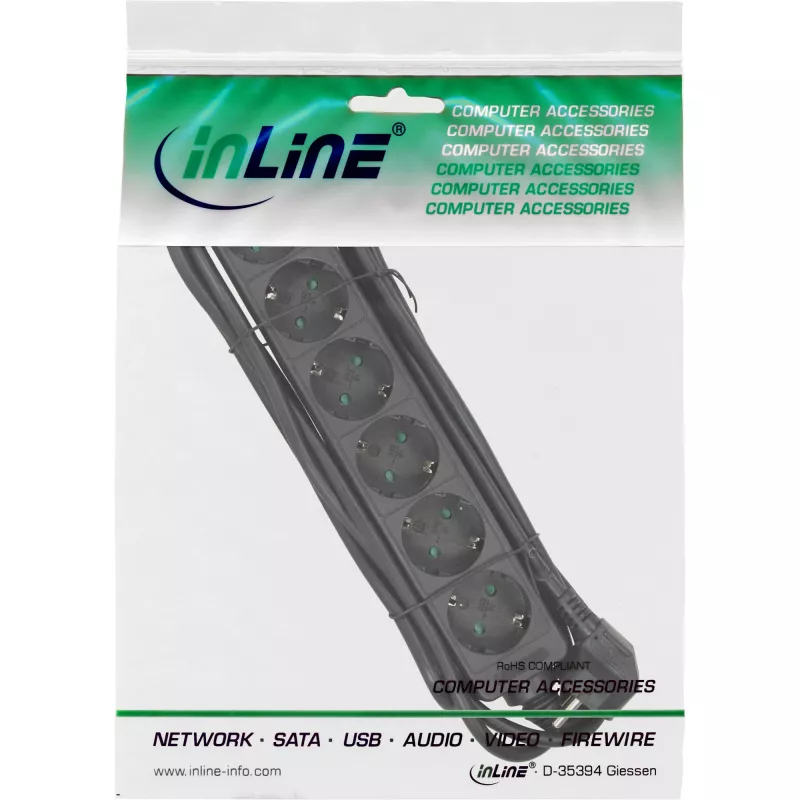 InLine pistikupesa riba, 6-kohaline maanduskontaktiga CEE 7/3, must, 1,5 m