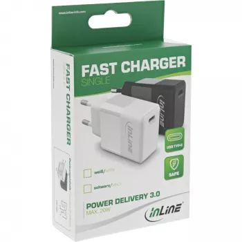InLine USB PD laadija, üks USB-C, Power Delivery, 20 W, valge