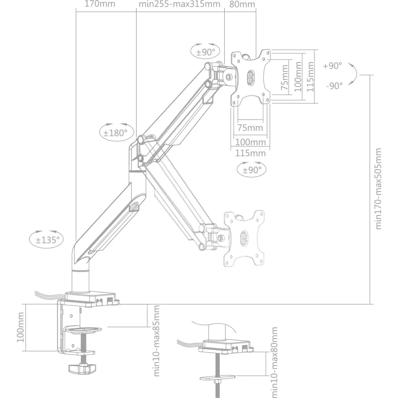 InLine lauakinnitus tõstukiga ja USB/Heliga kuni max 82 cm 32 tolli 9 kg