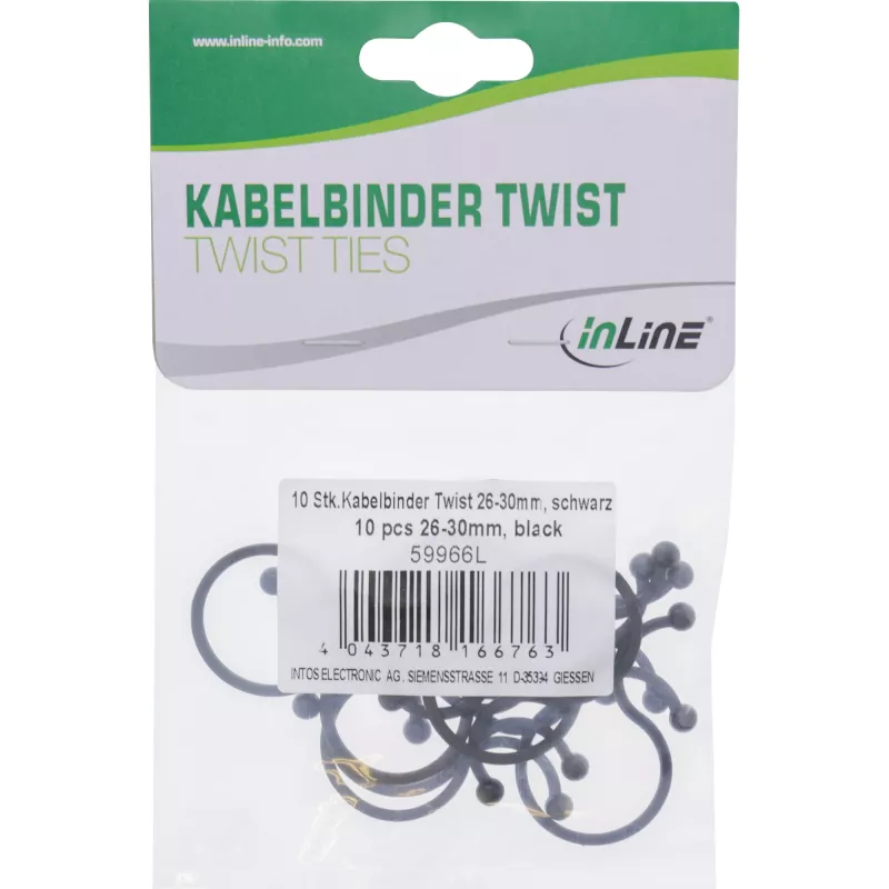 InLine keerdpaelad 26–30 mm mustad, 10 tk — kaabli/juhtme korrastaja, 30 mm pikkus