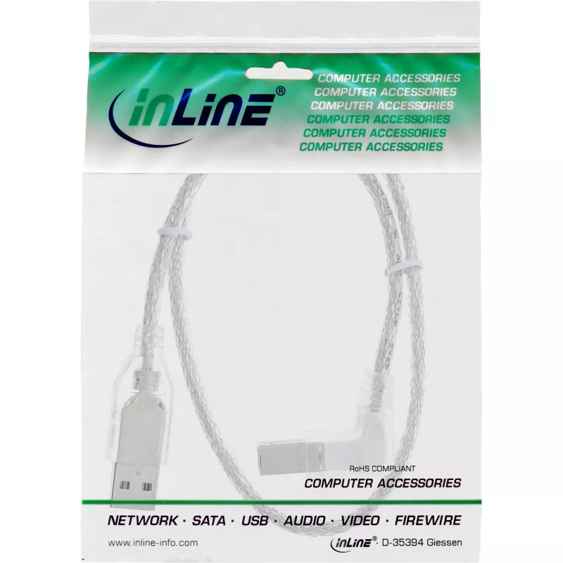 InLine USB 2.0 kaabel, täisnurkne A-tüüpi isane / B-tüüpi isane, läbipaistev, 3 m