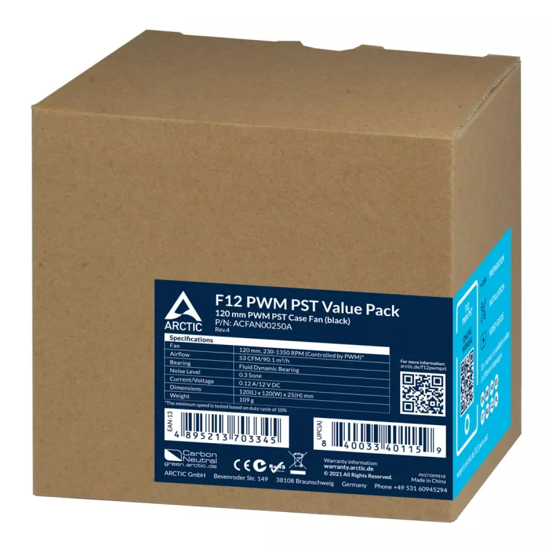 ARCTIC F12 PWM PST - 120 mm PWM korpusventilaator, 12 cm, 230 RPM, 1350 RPM, 0,3 sone, 90,1 m³/h
