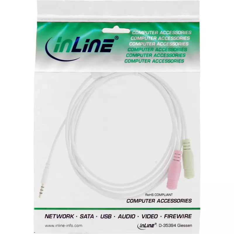 InLine Audio Peakomplekti Adapterkaabel 3,5 mm isane 4 kontakti / 2x 3,5 mm, valge, 1 m