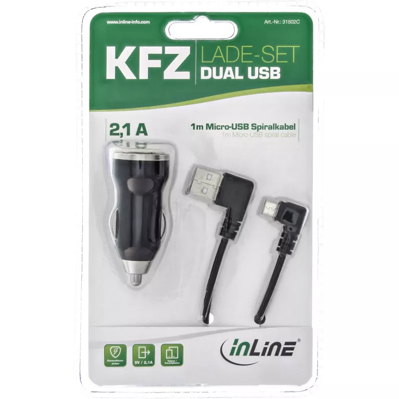 InLine USB DUAL+ KFZ laadimiskomplekt, toiteadapter 1 m spiraalkaabliga