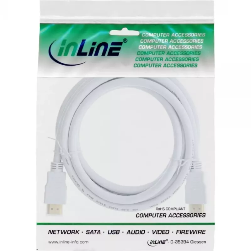 InLine kiire HDMI-kaabel Ethernetiga, M/M, valge, kullatud kontaktid, 2m
