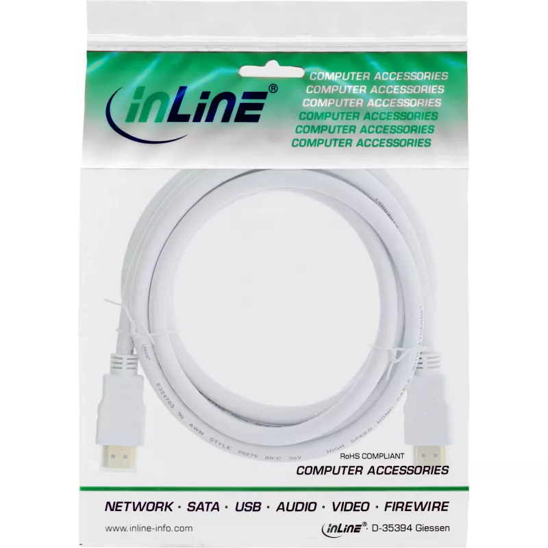 InLine High Speed HDMI kaabel with Ethernet, M/M, valge, kullatud kontaktidega, 1.5m