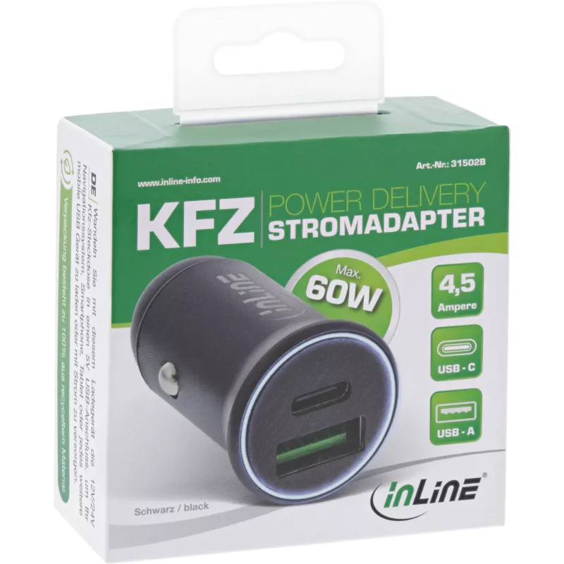 InLine USB autolaadija toiteadapter toiteedastus, USB-A + USB-C, must