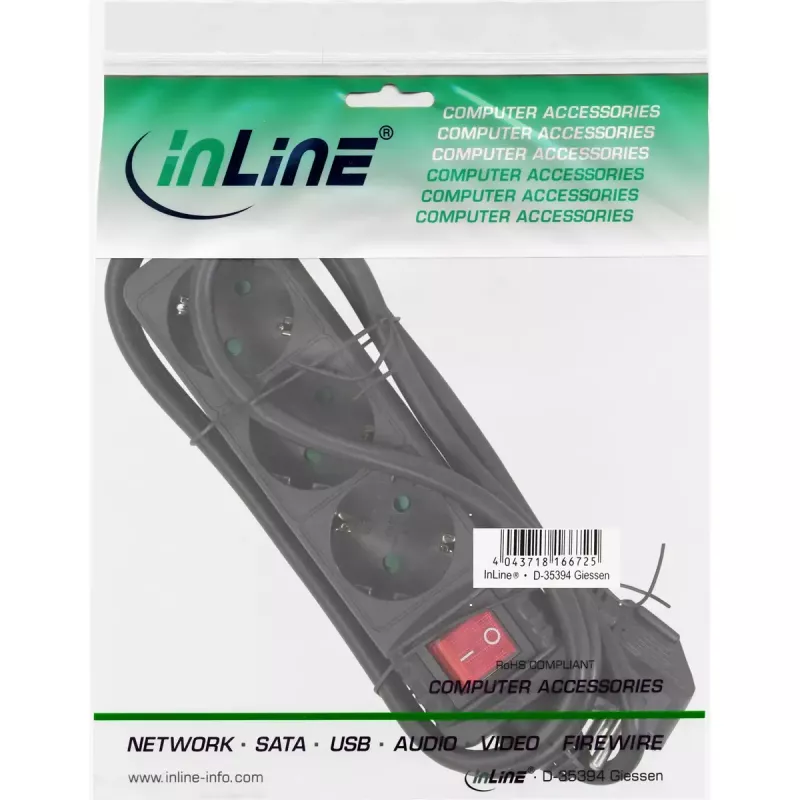 InLine pistikupesariba, 3-suunaline maanduskontakt CEE 7/3, must, 1,5 m