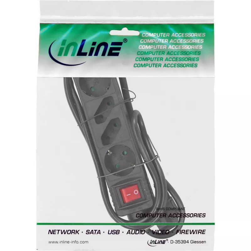 InLine pistikupesaliist, 4 pesaga, 2x CEE7/3 + 2x Euro CEE 7/16, must, 3m