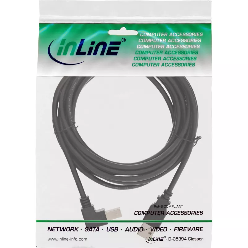 InLine USB 2.0 kaabel, allapoole nurga all, A-tüüpi isane / B-tüüpi isane, must, 3m