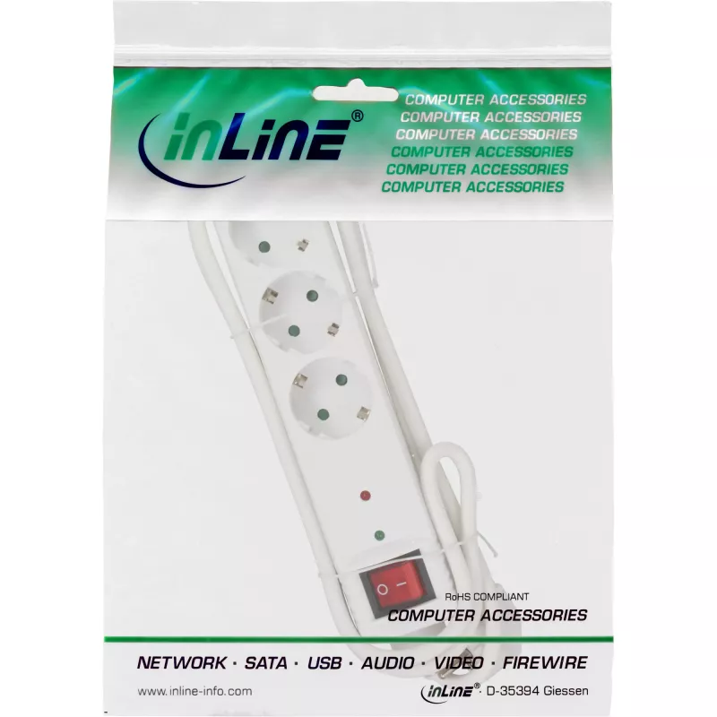 InLine pistikupesade rida CEE 7/3, 3-kohaline, ülepingekaitse, lüliti, valge