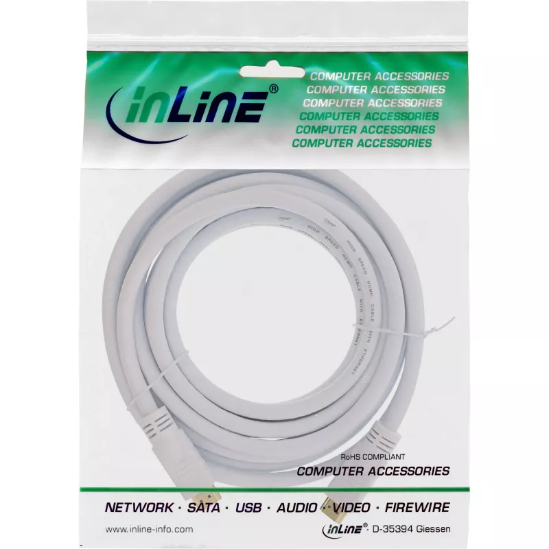 InLine High Speed HDMI kaabel with Ethernet, M/M, Valge, golden contacts, 5m