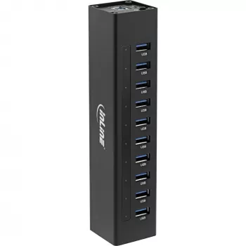 InLine USB 3.0 10 pordiga jaotur, alumiiniumkorpus, 4A toiteplokiga, must
