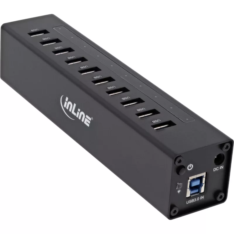 InLine USB 3.0 10 pordiga jaotur, alumiiniumkorpus, 4A toiteplokiga, must