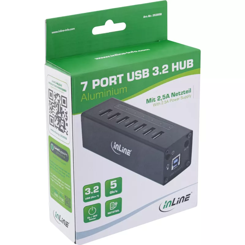 InLine USB 3.0 jaotur, 7 pordiga, alumiiniumkorpus, 2,5A toiteplokiga