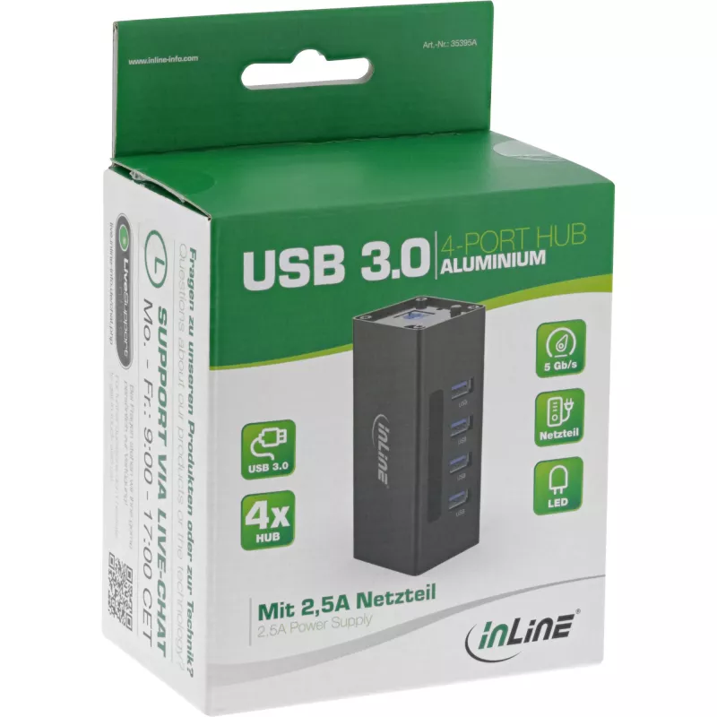 InLine USB 3.0 jaotur, 4 porti, alumiiniumkorpus, 2,5 A toiteplokiga