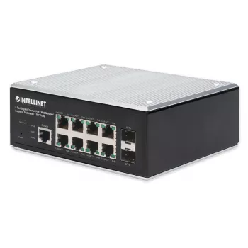 Intellinet Industrial 8-Port Gigabit Ethernet PoE+ Layer 2+ Web-Managed Switch with 2 SFP Ports IEEE 802.3at/af (PoE+/PoE) Compliant, PoE Power Budget up to 240 W, Layer 2+/Layer 3 Lite, IP30-Rated Metal Housing, Self-Healing Network, Endspan, DIN-Rail Mo