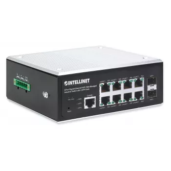 Intellinet Industrial 8-Port Gigabit Ethernet PoE+ Layer 2+ Web-Managed Switch with 2 SFP Ports IEEE 802.3at/af (PoE+/PoE) Compliant, PoE Power Budget up to 240 W, Layer 2+/Layer 3 Lite, IP30-Rated Metal Housing, Self-Healing Network, Endspan, DIN-Rail Mo