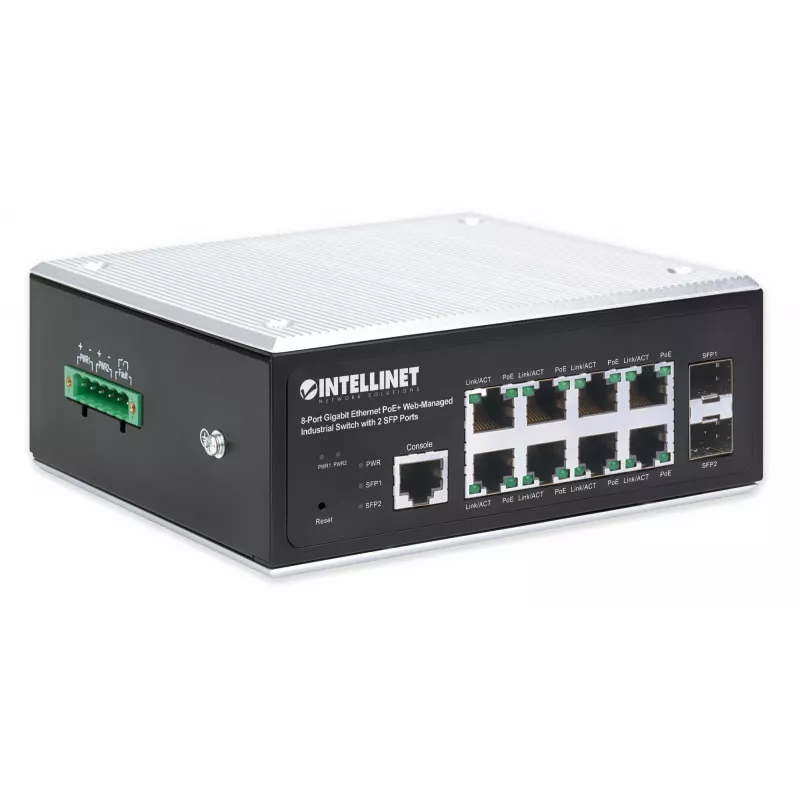 Intellinet Industrial 8-Port Gigabit Ethernet PoE+ Layer 2+ Web-Managed Switch with 2 SFP Ports IEEE 802.3at/af (PoE+/PoE) Compliant, PoE Power Budget up to 240 W, Layer 2+/Layer 3 Lite, IP30-Rated Metal Housing, Self-Healing Network, Endspan, DIN-Rail Mo