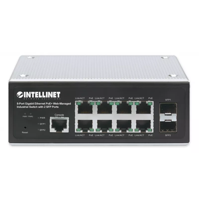 Intellinet Industrial 8-Port Gigabit Ethernet PoE+ Layer 2+ Web-Managed Switch with 2 SFP Ports IEEE 802.3at/af (PoE+/PoE) Compliant, PoE Power Budget up to 240 W, Layer 2+/Layer 3 Lite, IP30-Rated Metal Housing, Self-Healing Network, Endspan, DIN-Rail Mo