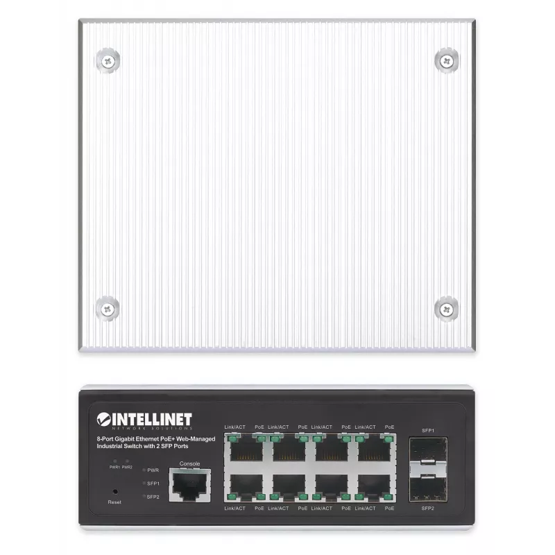 Intellinet Industrial 8-Port Gigabit Ethernet PoE+ Layer 2+ Web-Managed Switch with 2 SFP Ports IEEE 802.3at/af (PoE+/PoE) Compliant, PoE Power Budget up to 240 W, Layer 2+/Layer 3 Lite, IP30-Rated Metal Housing, Self-Healing Network, Endspan, DIN-Rail Mo