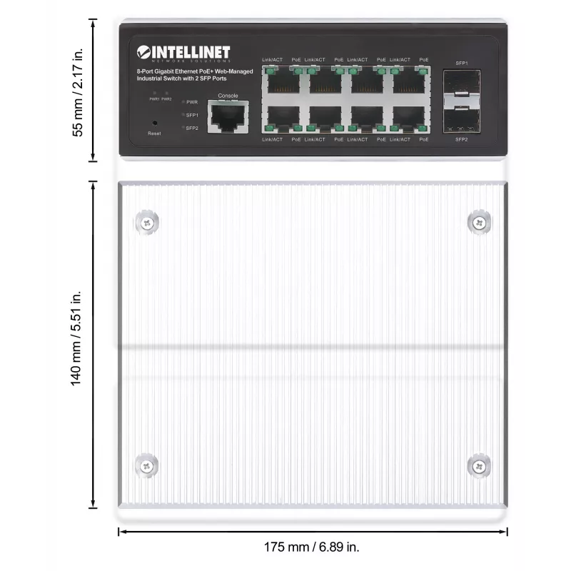Intellinet Industrial 8-Port Gigabit Ethernet PoE+ Layer 2+ Web-Managed Switch with 2 SFP Ports IEEE 802.3at/af (PoE+/PoE) Compliant, PoE Power Budget up to 240 W, Layer 2+/Layer 3 Lite, IP30-Rated Metal Housing, Self-Healing Network, Endspan, DIN-Rail Mo