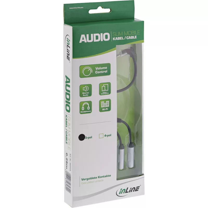 InLine Õhuke Audio Y-kaabel 3,5 mm isane / 2x emane, helitugevuse reguleerimisega 0,25 m