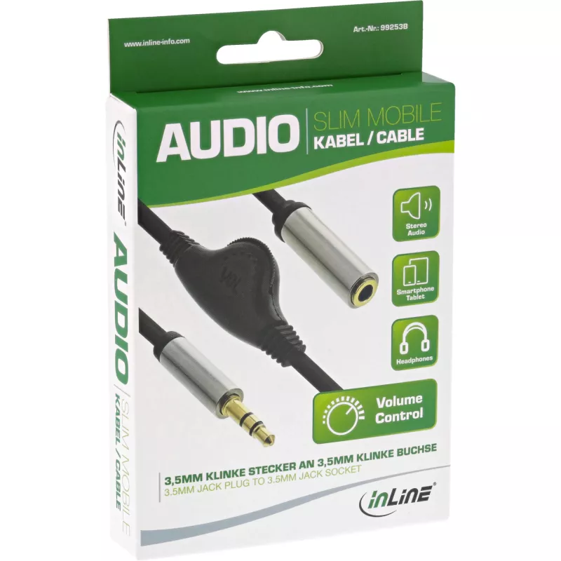 InLine õhuke Audio kaabel 3.5mm M / F, koos helitugevuse reguleerimisega 0,25m