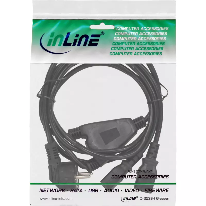 InLine Y-toitekaabel 1x CEE 7/7 nurgeline / 2x 3pin IEC C13 isane, 1m